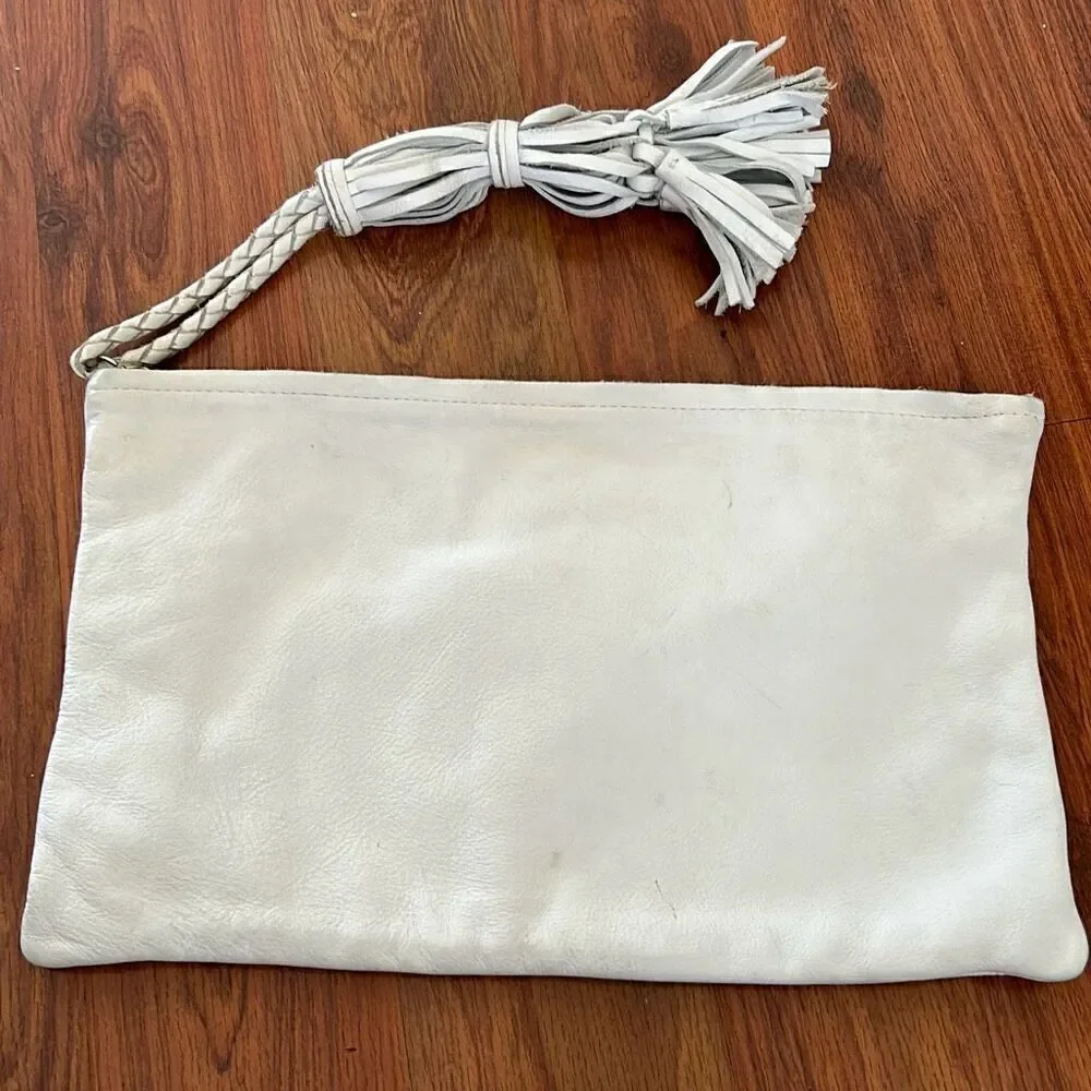 Jennifer Haley white leather clutch handbag with large tassel